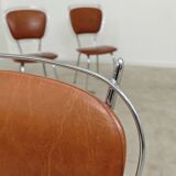 Set of 4 French chairs in camel brown imitation leather and chrome 1960