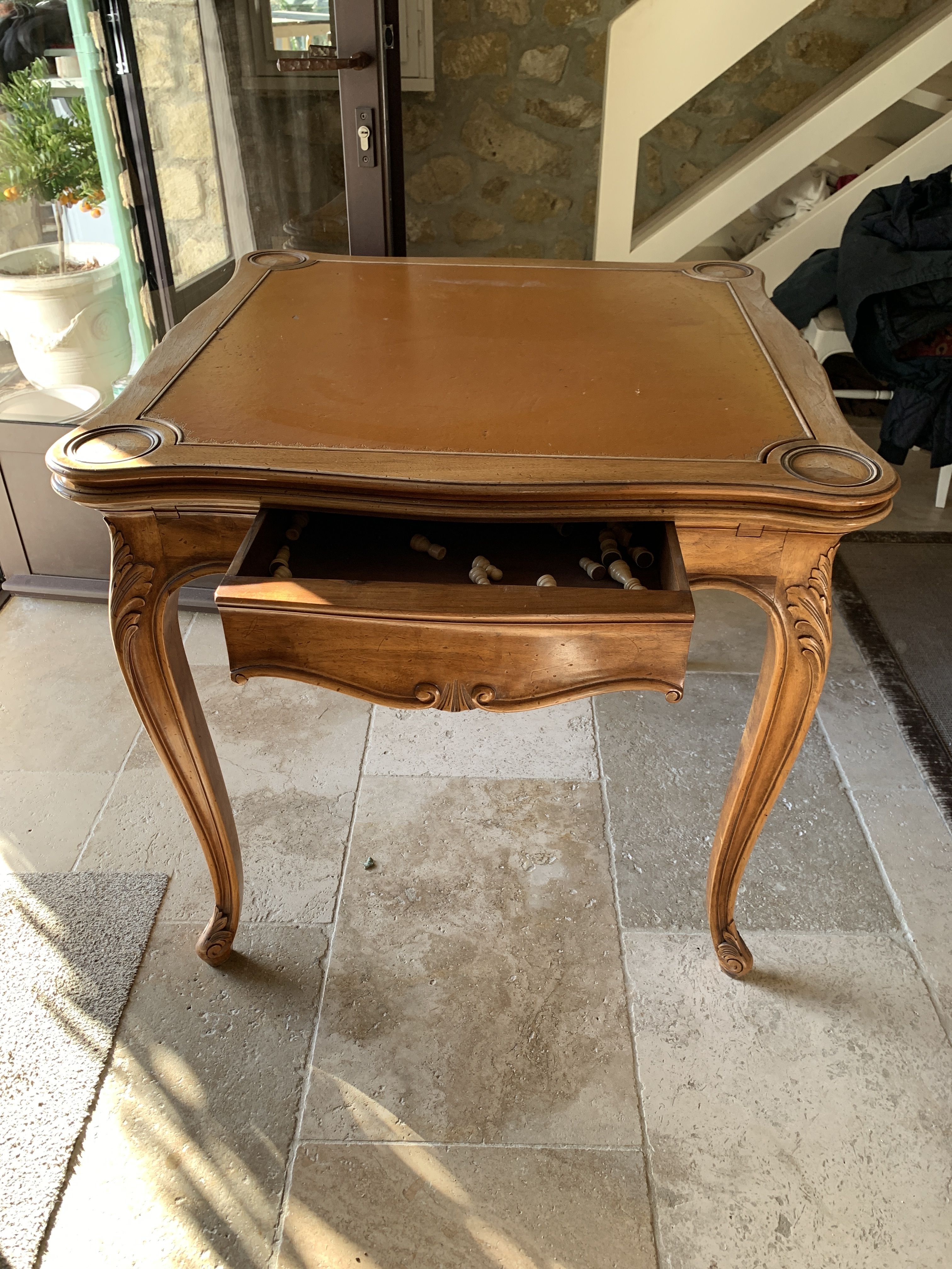Beautiful extendable table drawers antique unique piece carved wood Chess Games art deco beautiful