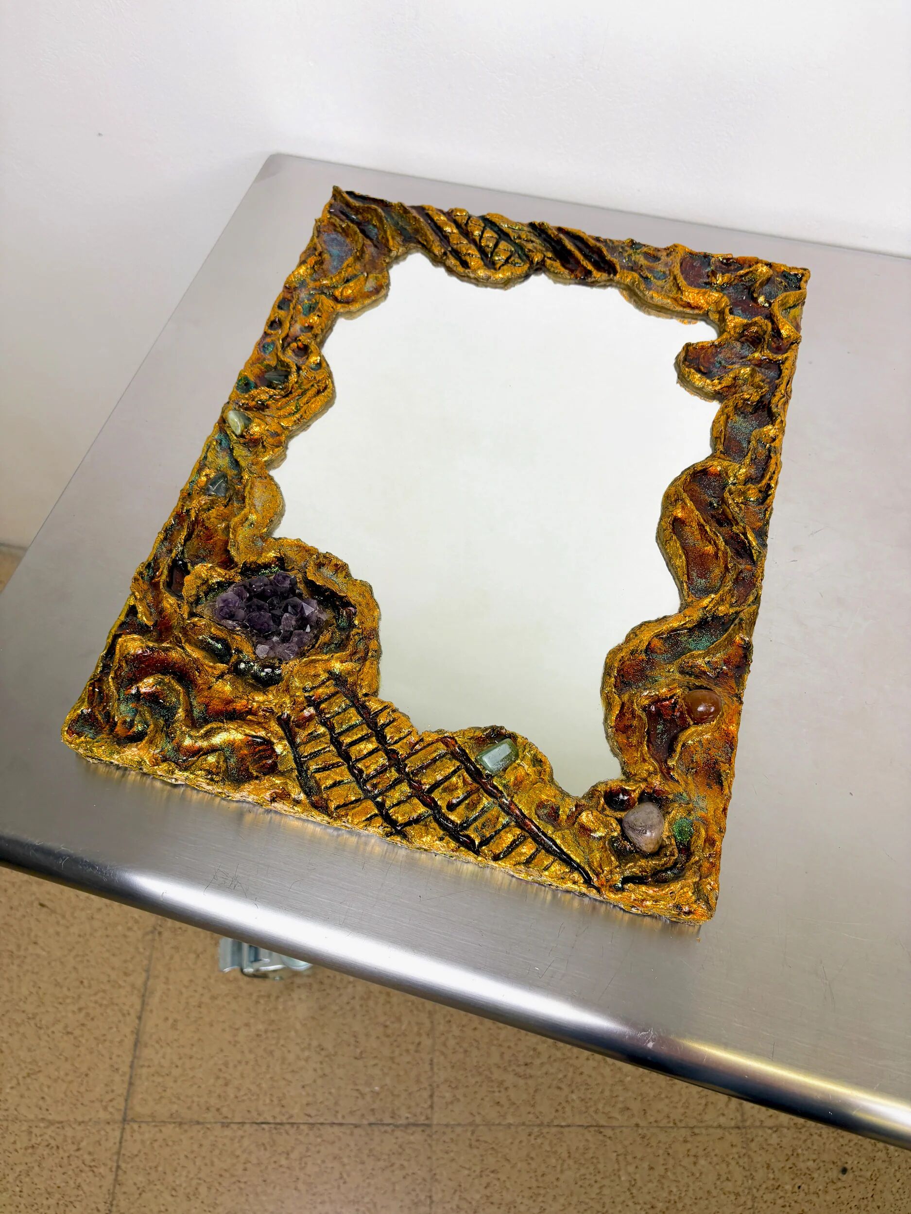 Italian brutalist resin and stones mirror, 1970s