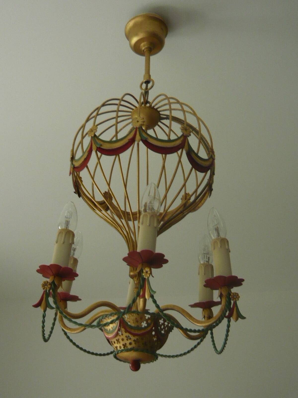 6-light gold-painted metal hot air balloon chandelier