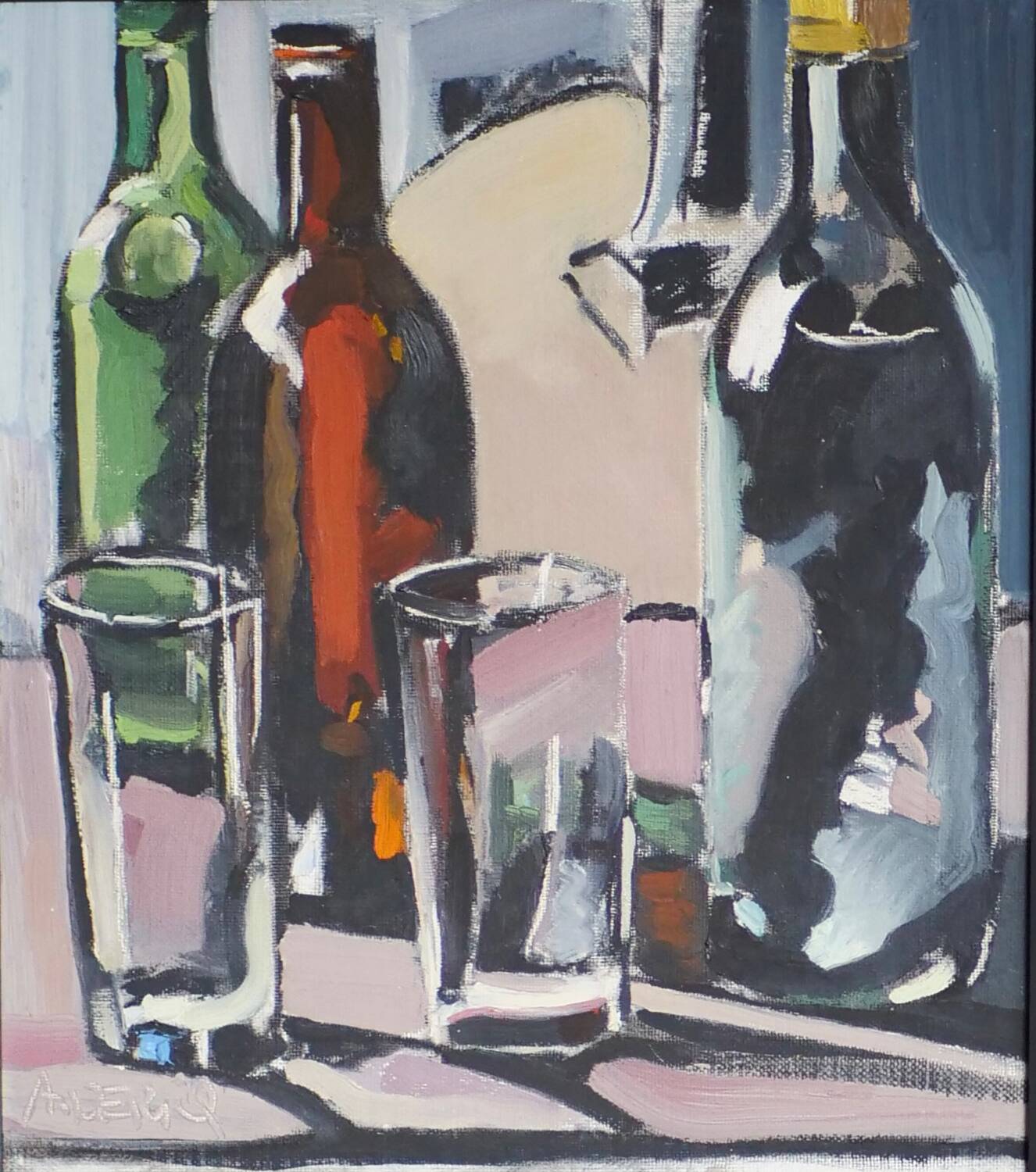 Still life with 2 glasses, oil on panel signed André Deriq