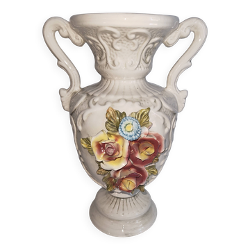 Vintage Italian white ceramic vase with raised floral decoration.