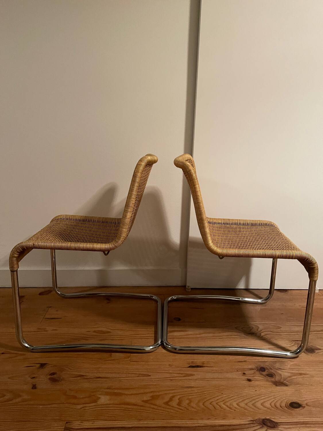 Pair of vintage rattan cantilever chairs