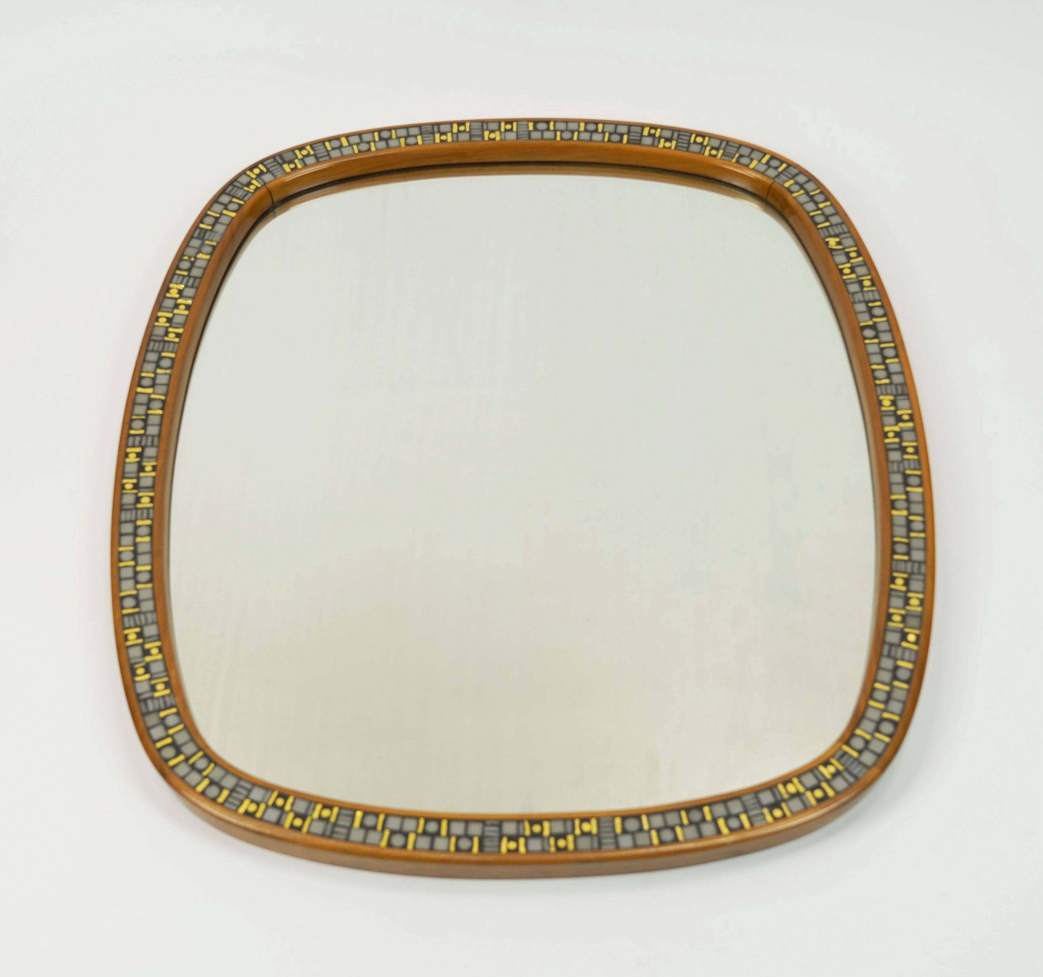 1950s  mirror with mosaic and cherry wood frame