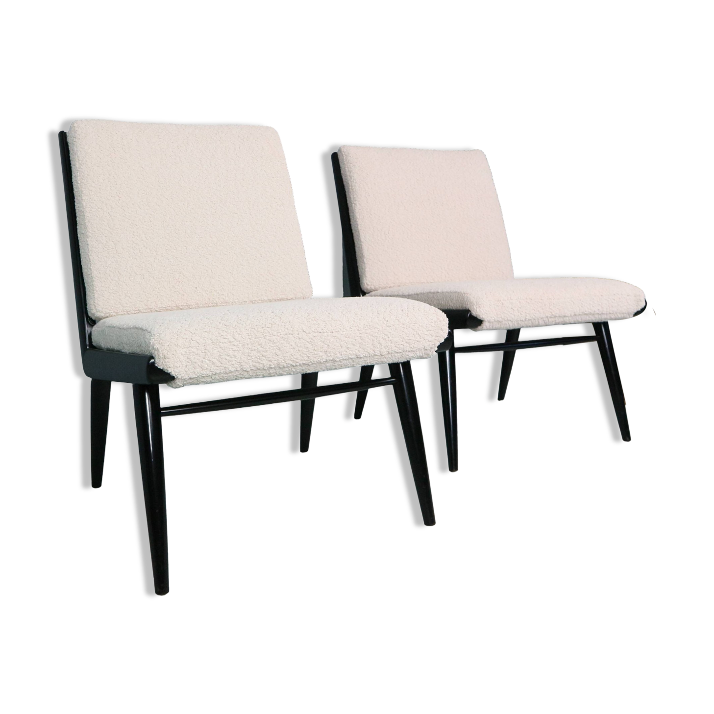 2x 'boomerang' h. mitzlaff, e. schmidt for soloform, bouclé lounge chairs, 1953