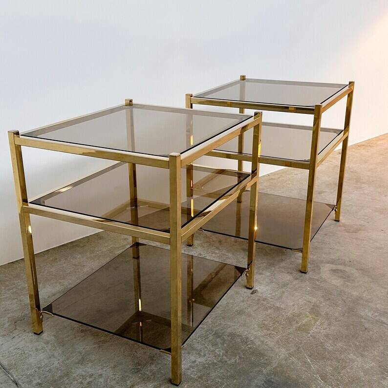 Pair of Vintage Three-Level Tables in Brass and Smoked Glass, 1970s