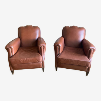 Paire fauteuils cuir marron année 50