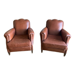 Paire fauteuils cuir marron année