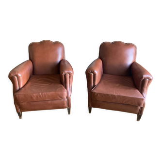 Pair leather armchairs brown year 50