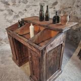 Bureau ancien en pin français – 1880, meuble bar / comptoir avec compartiments à abattants – 65×120×106 cm