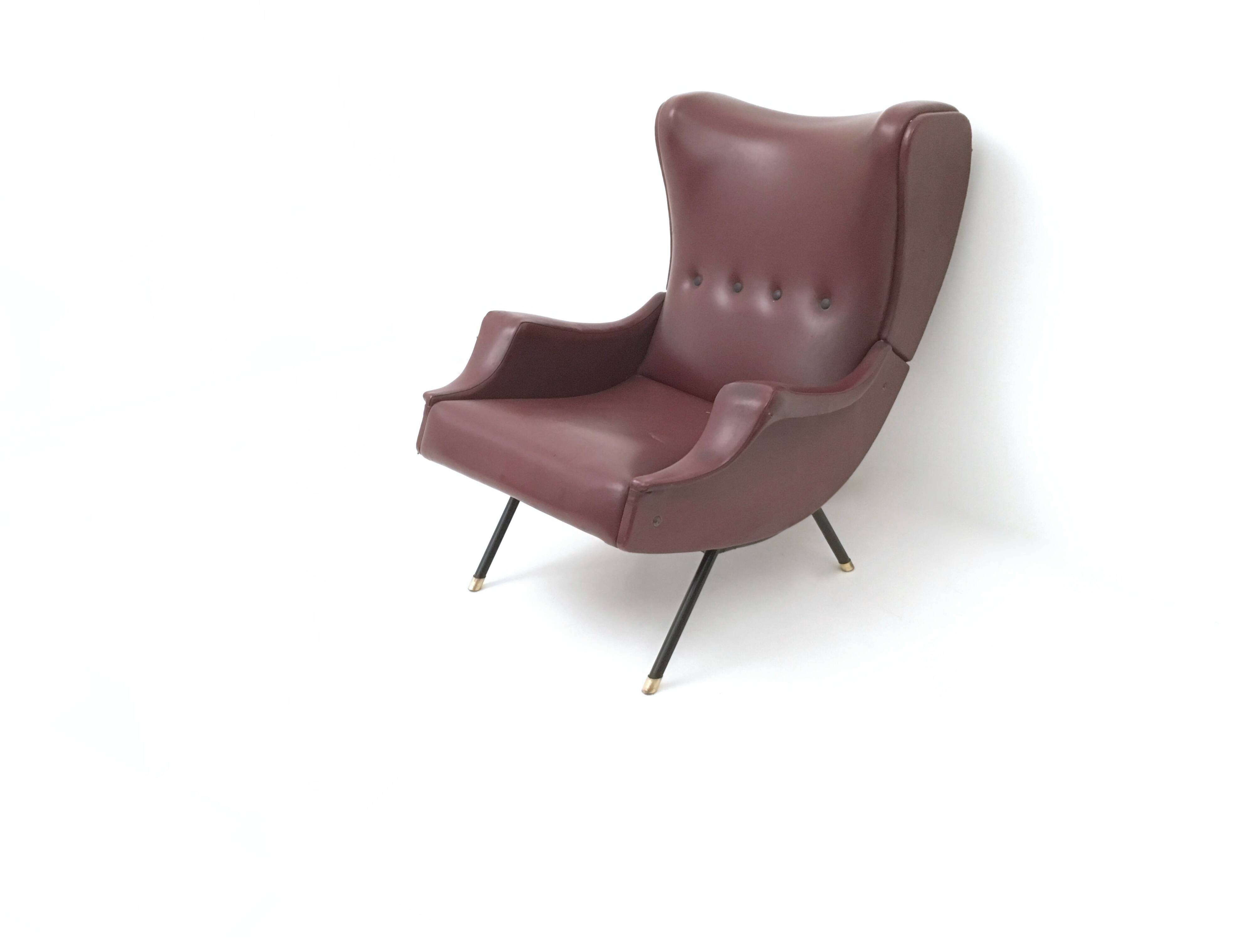 Burgundy Skai, Brass and Metal Lounge Chair, Italy