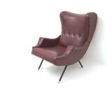 Burgundy Skai, Brass and Metal Lounge Chair, Italy