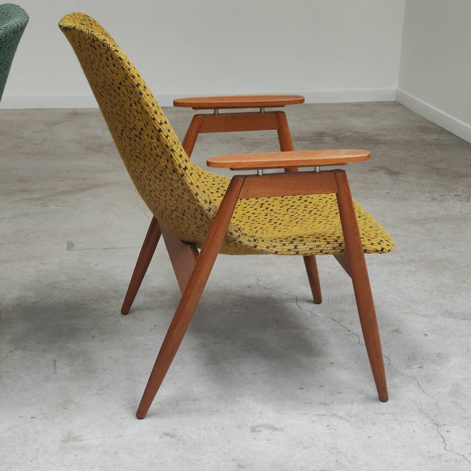 Pair of yellow and green resin and wood armchairs by Miroslav Navratil