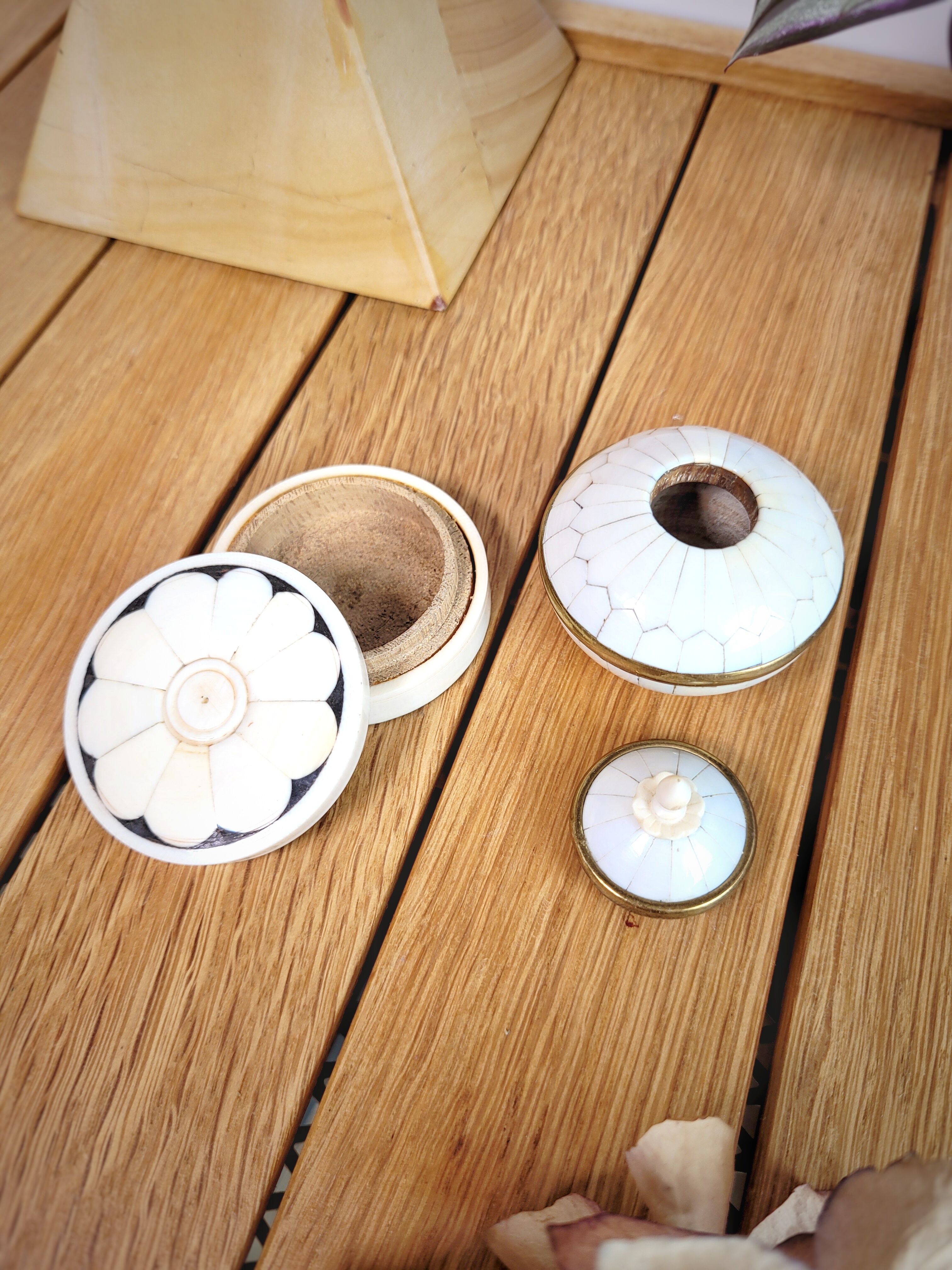 Pair ivory & brass boxes