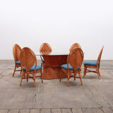 Bohemian bamboo mcguire dining table set with 6 palm leaf chairs, 1960 france.