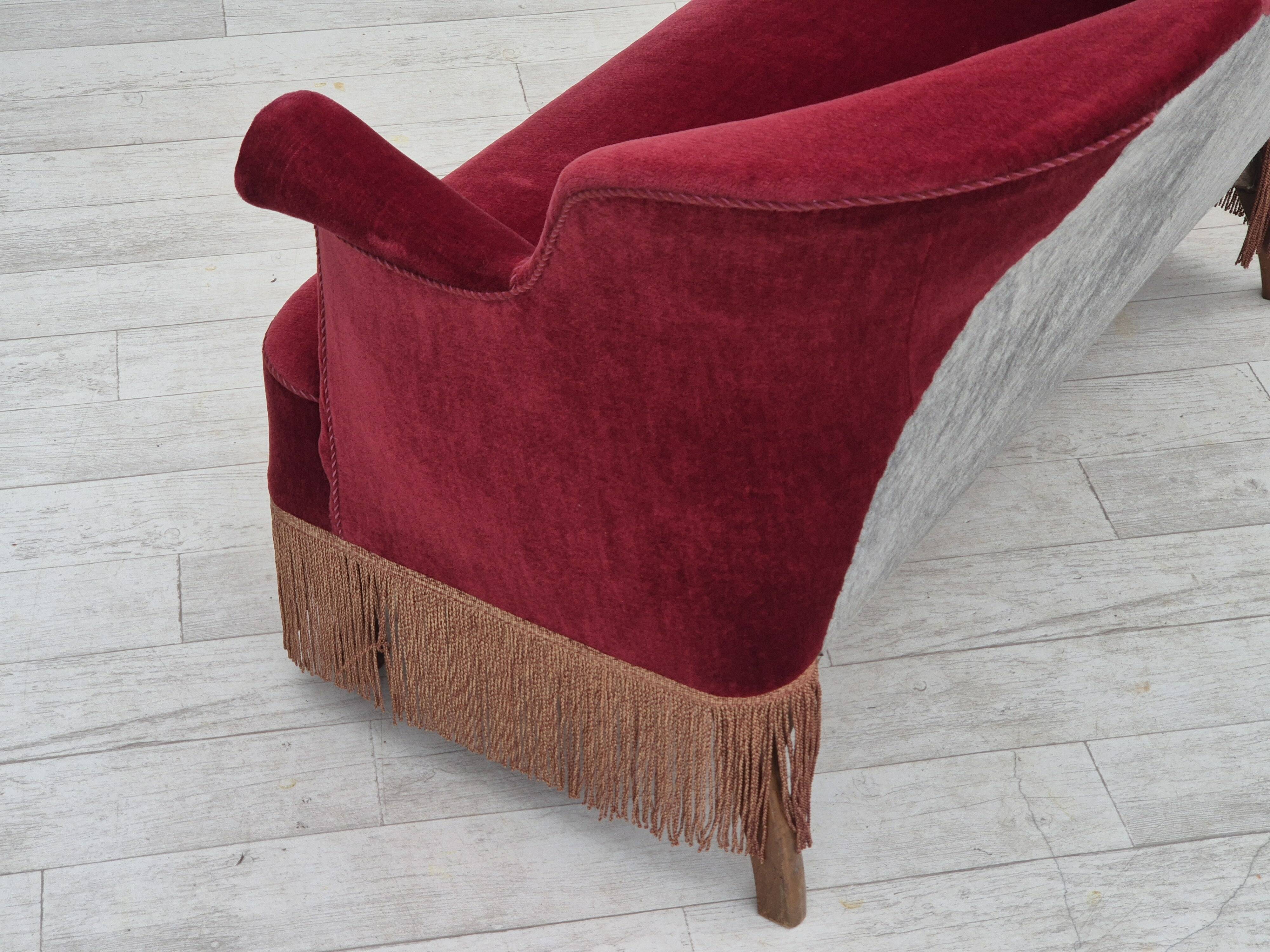 1950s, Danish 2-seater sofa, cherry-red furniture velour, ash wood.