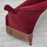 1950s, Danish 2-seater sofa, cherry-red furniture velour, ash wood.