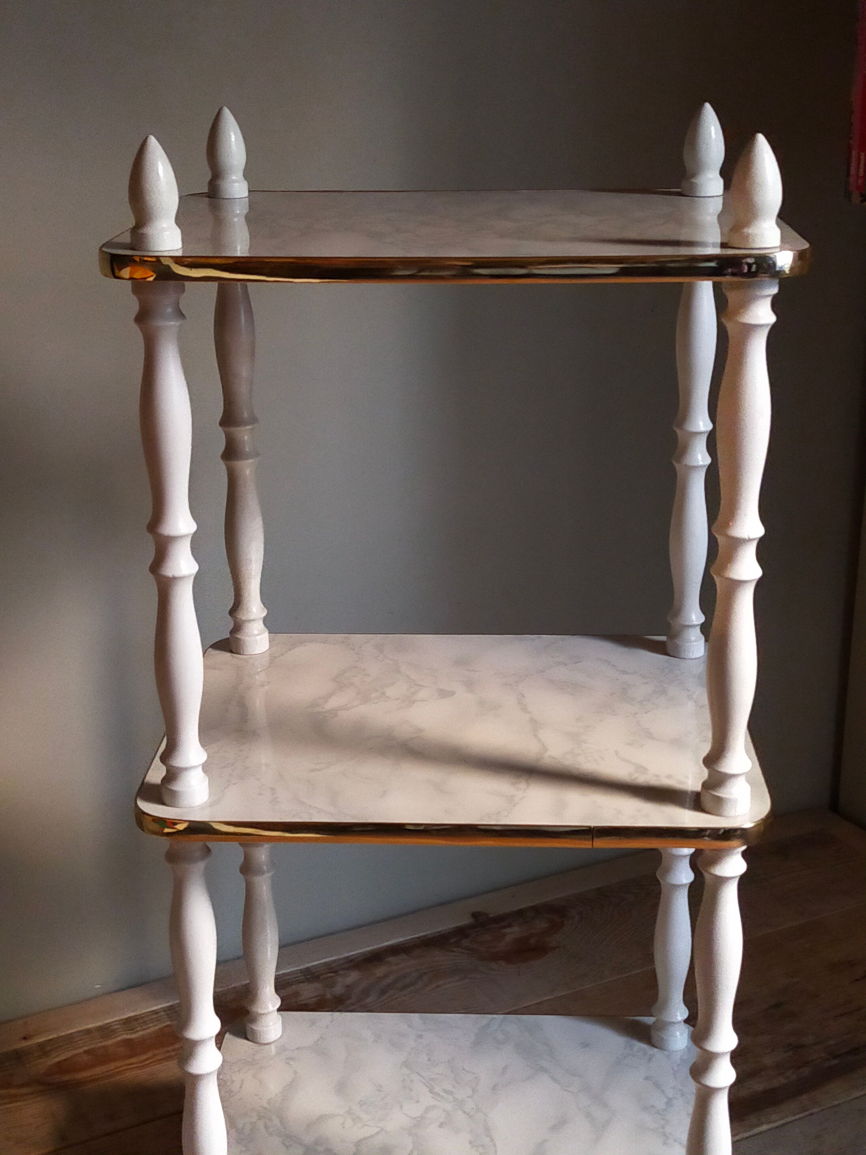 Solid turned wood and formica faux marble shelf to install wood 60s