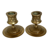Pair of worked brass candlesticks
