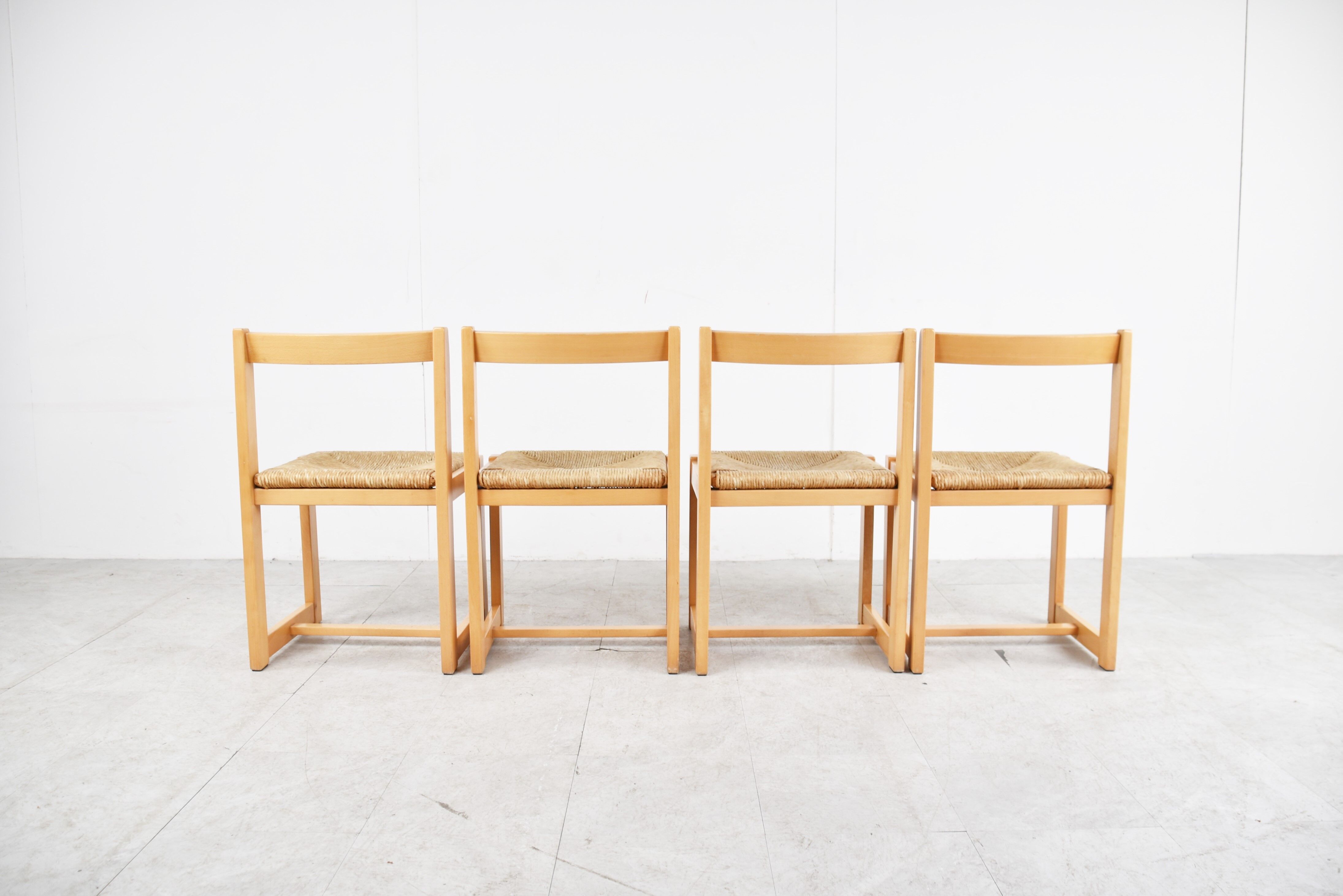 6 vintage oak and wicker dining chairs, 1960s