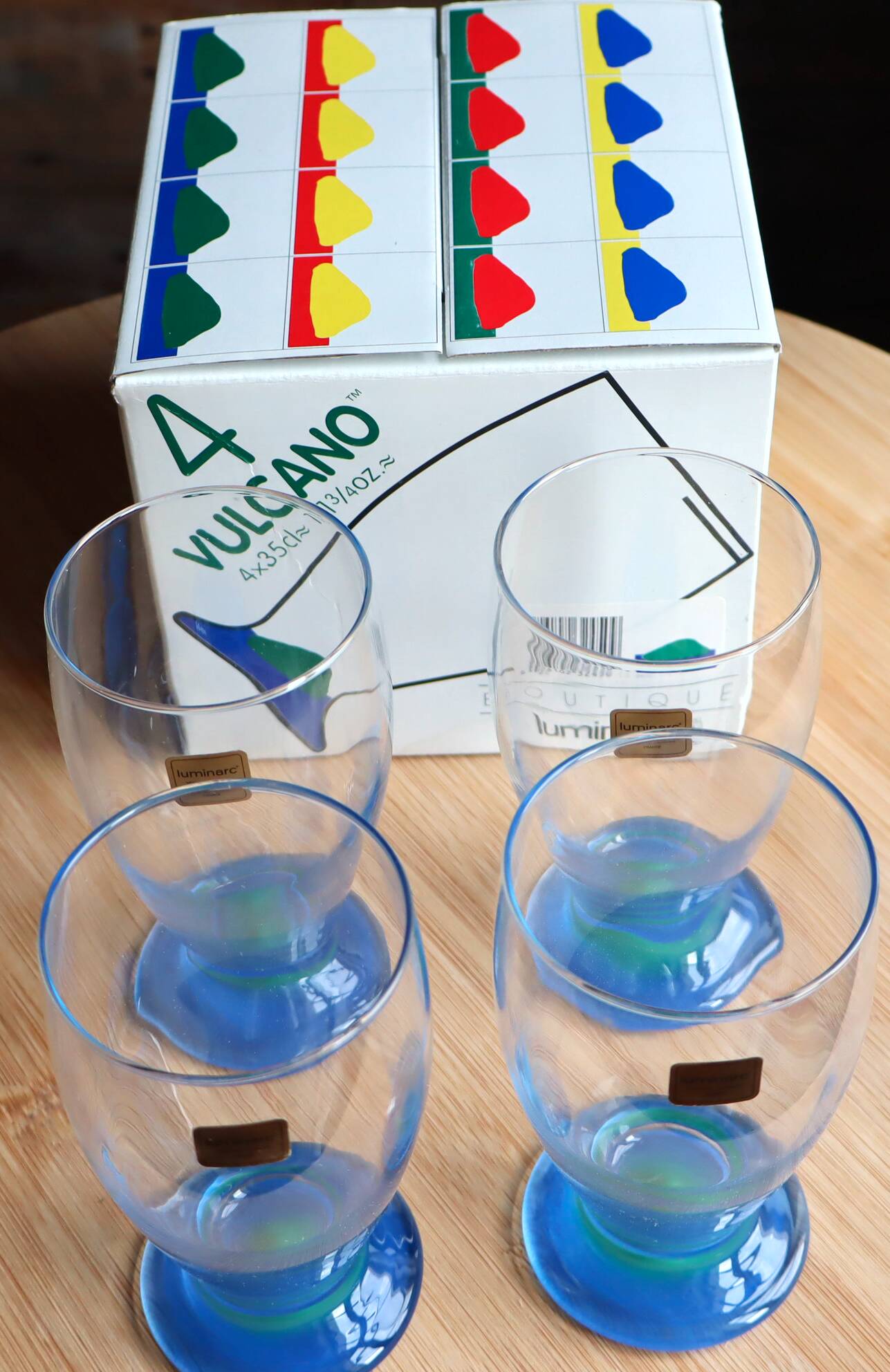 Set of 4 vintage blue and green Vulcano glasses in box – Luminarc France