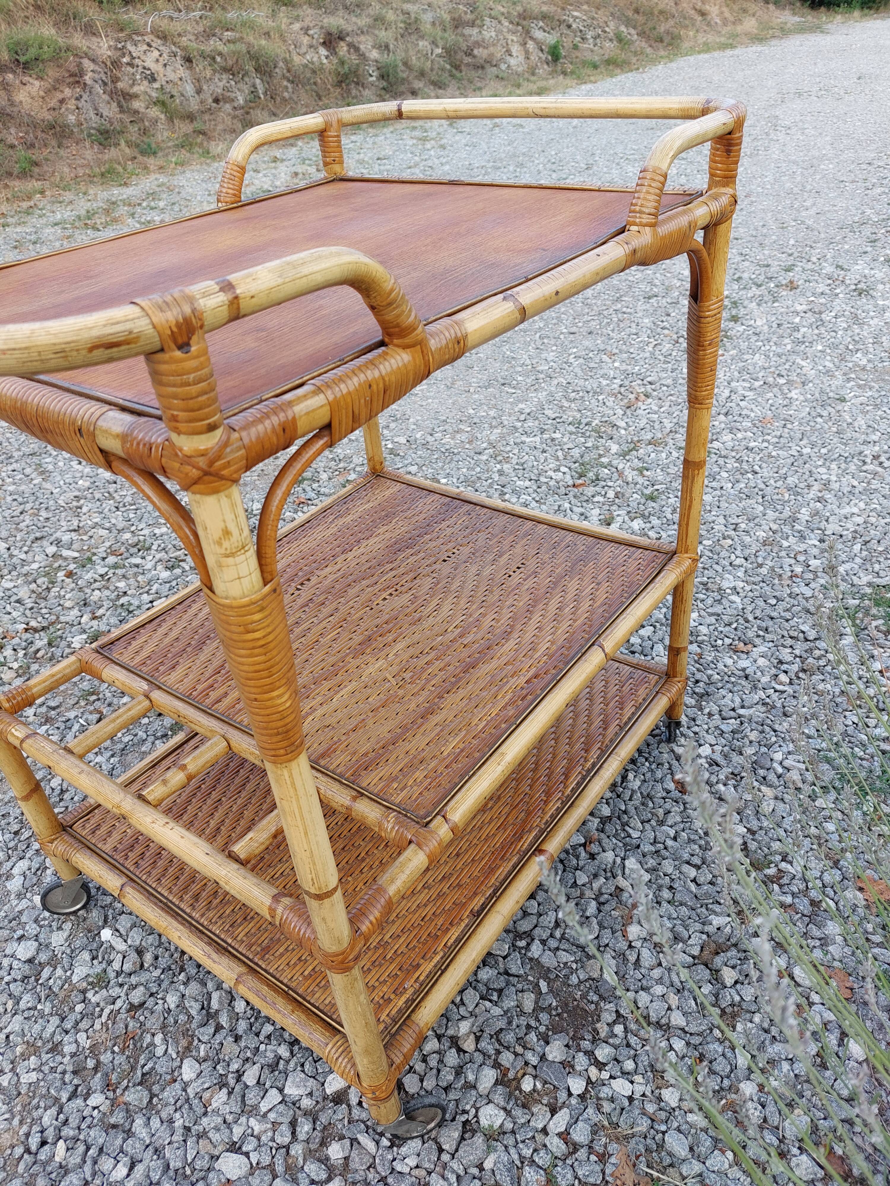 wheeled wicker dessert trolley, console, vintage