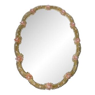 2000s Venetian Oval Gold and Pink Floreal Hand-Carving Mirror in Murano Glass Style