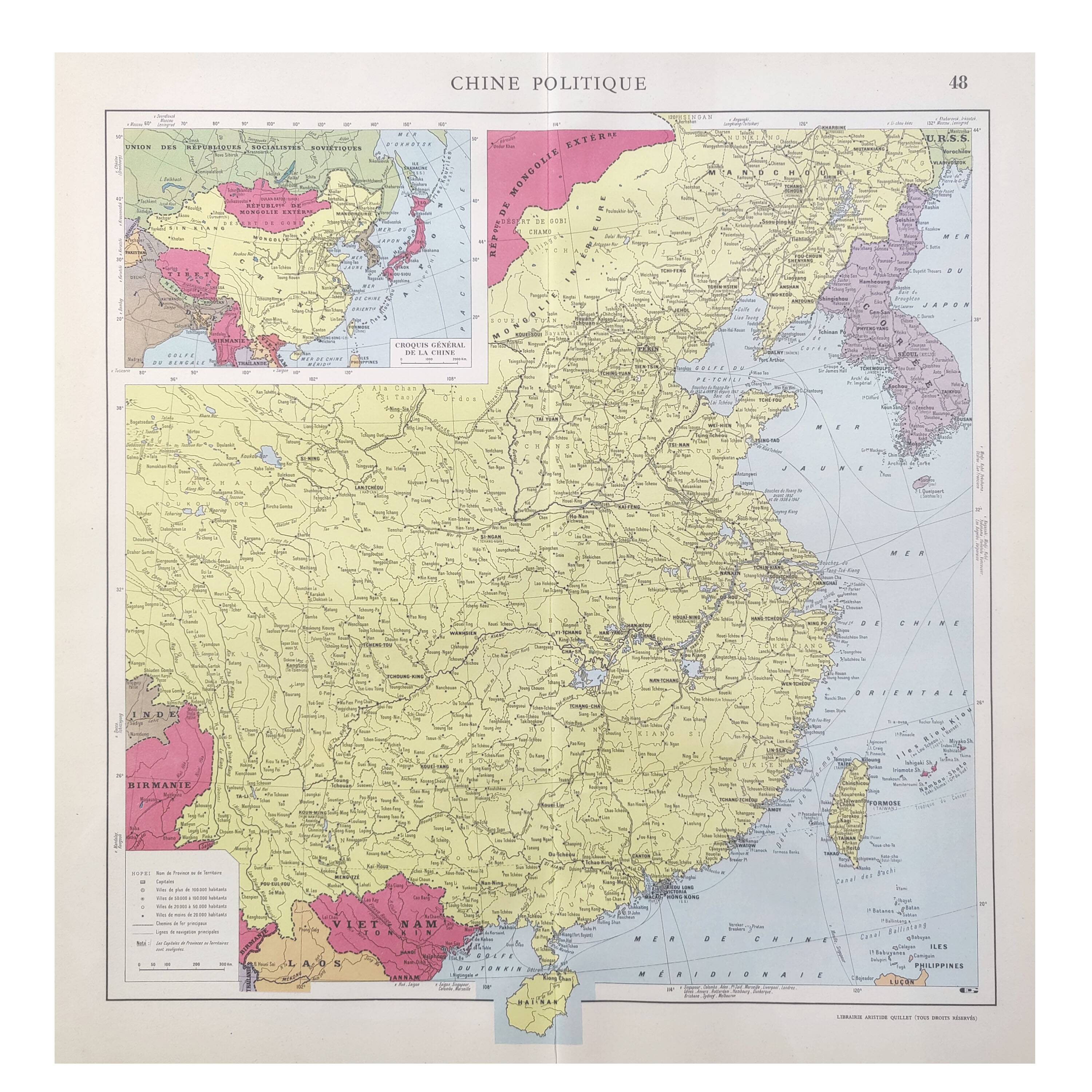 Vintage map Asia China Korea 43x43cm from 1950