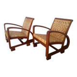 Pair of Art Deco woven rattan armchairs and table