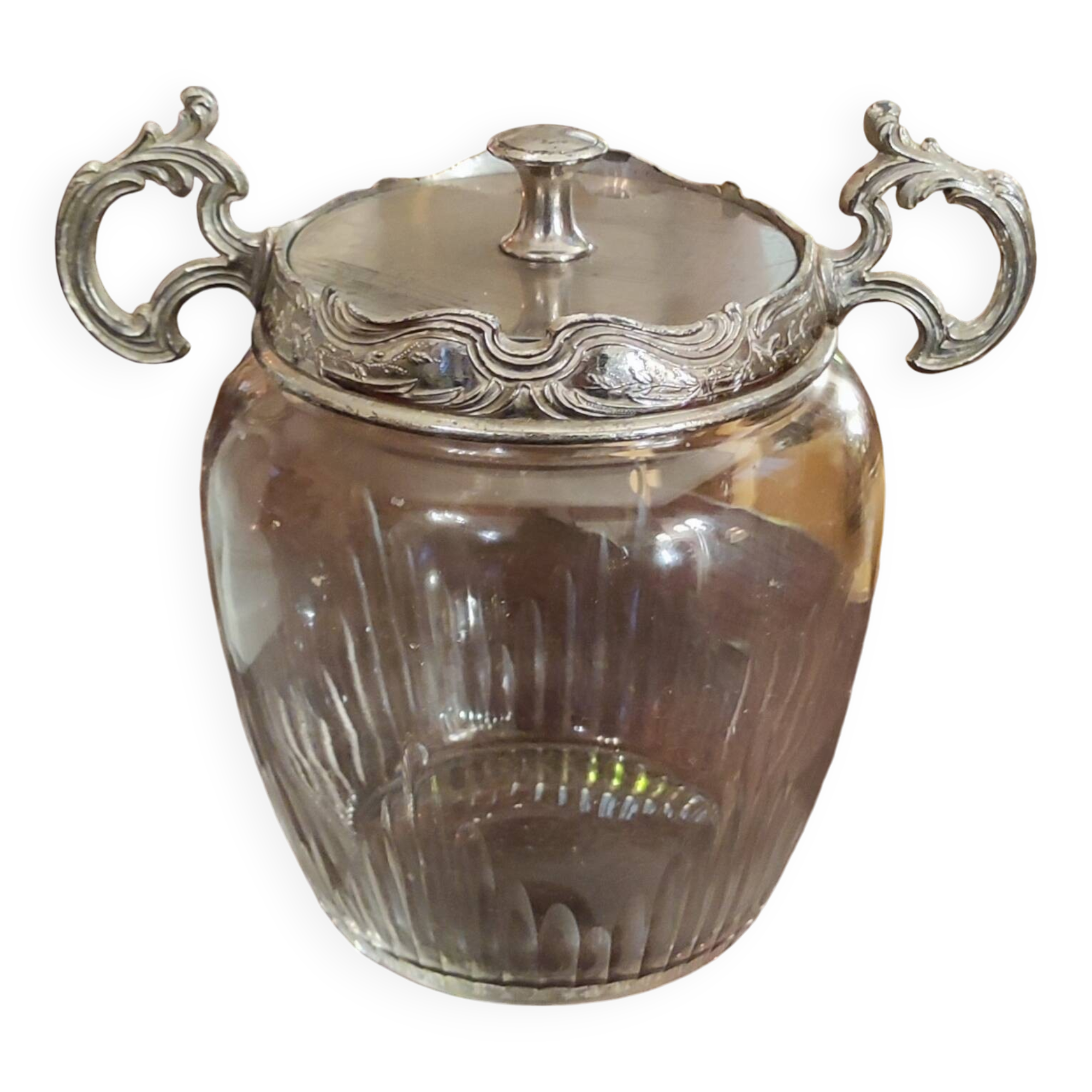 Antique silver metal and glass cookie jar/sugar bowl