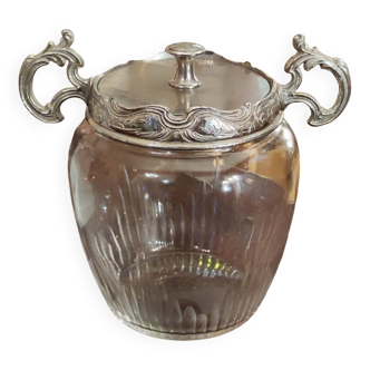 Ancien pot à biscuits/sucrier métal argenté et verre