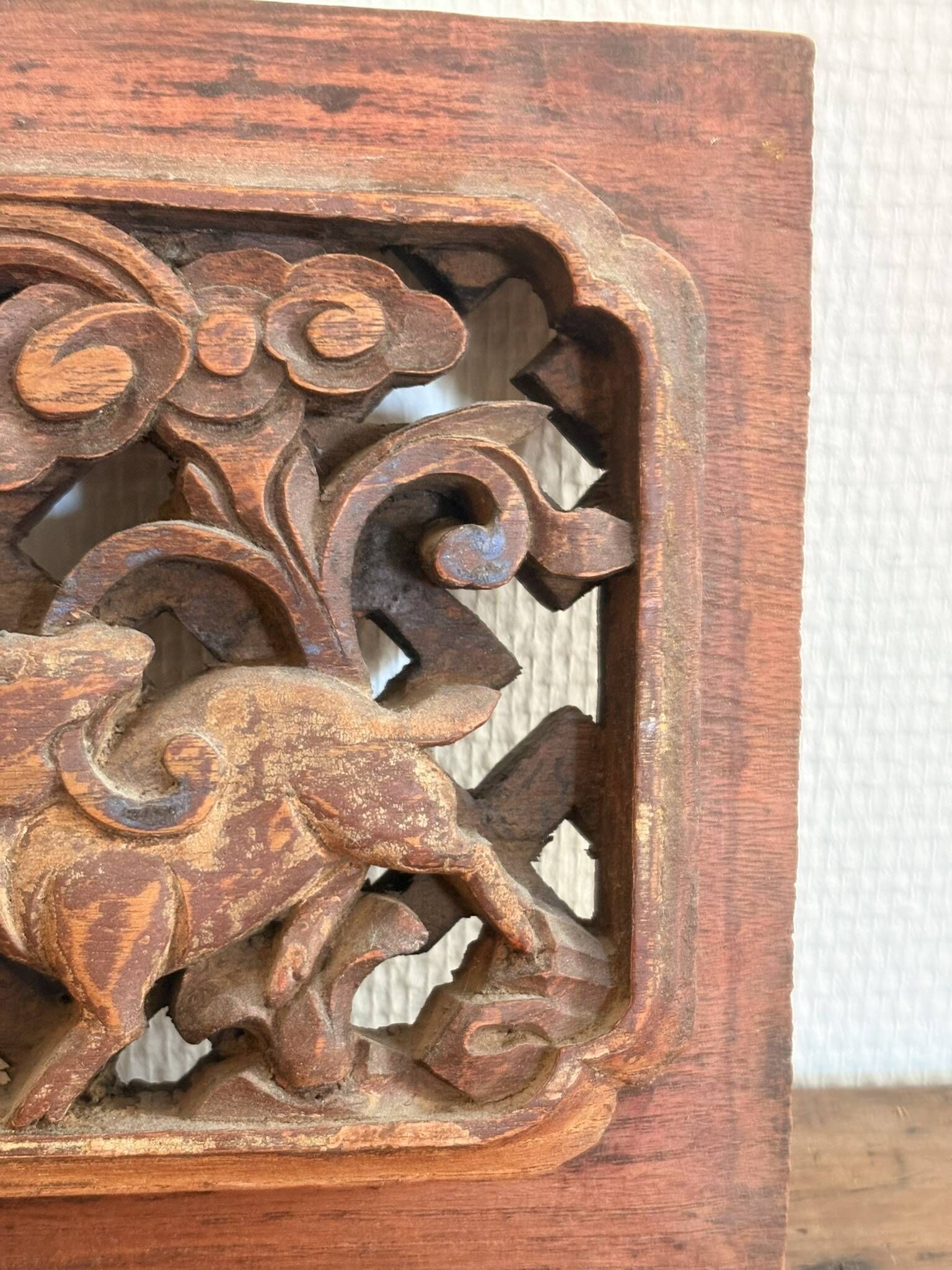 Antique Carved Wood Panel Decor deer Qilin China Asia Qing Republic