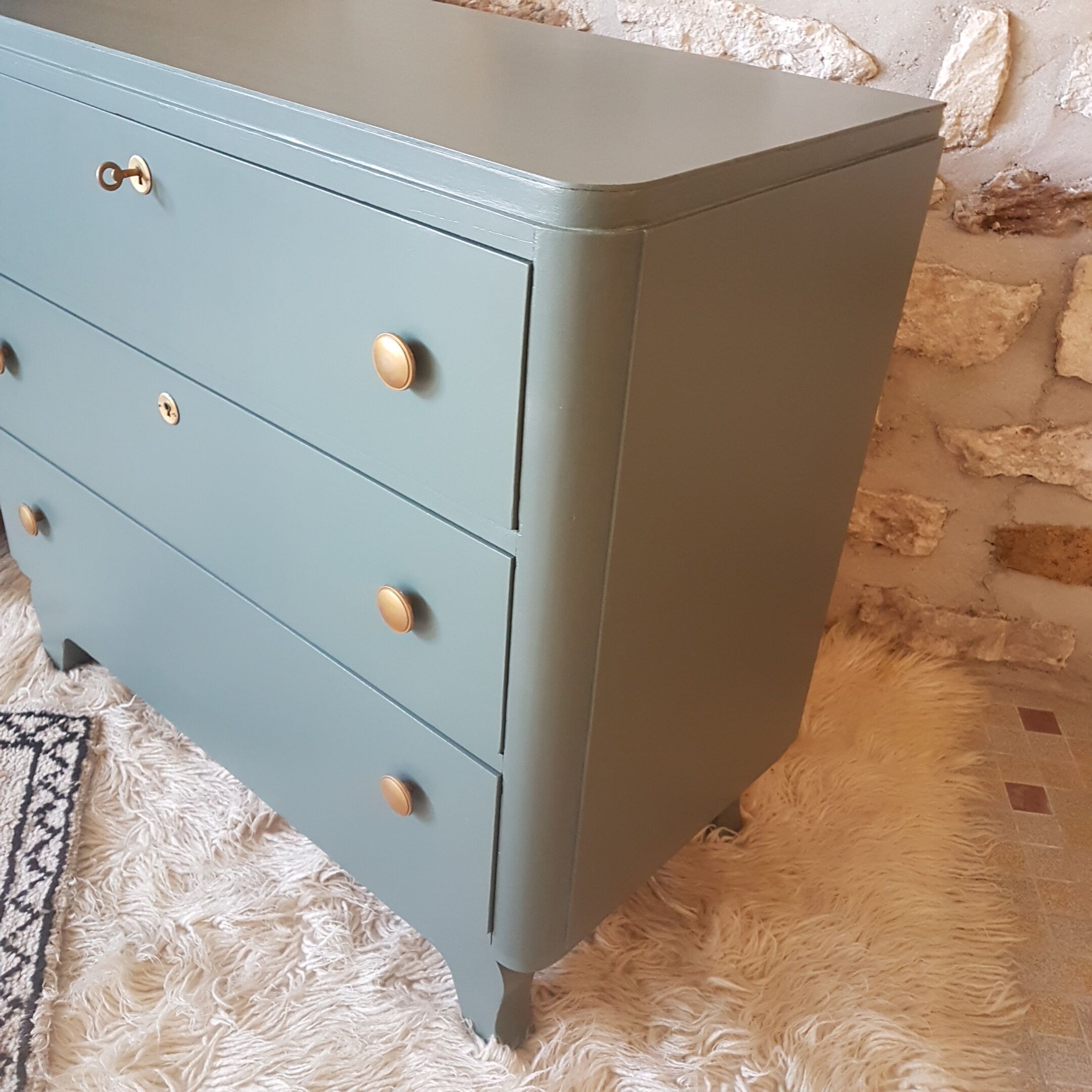 Commode art déco vert bleu poignées patinÉes