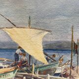 Old painting "Marine with boats" signed Marie Piat, 1930s-40s