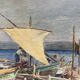 Old painting "Marine with boats" signed Marie Piat, 1930s-40s
