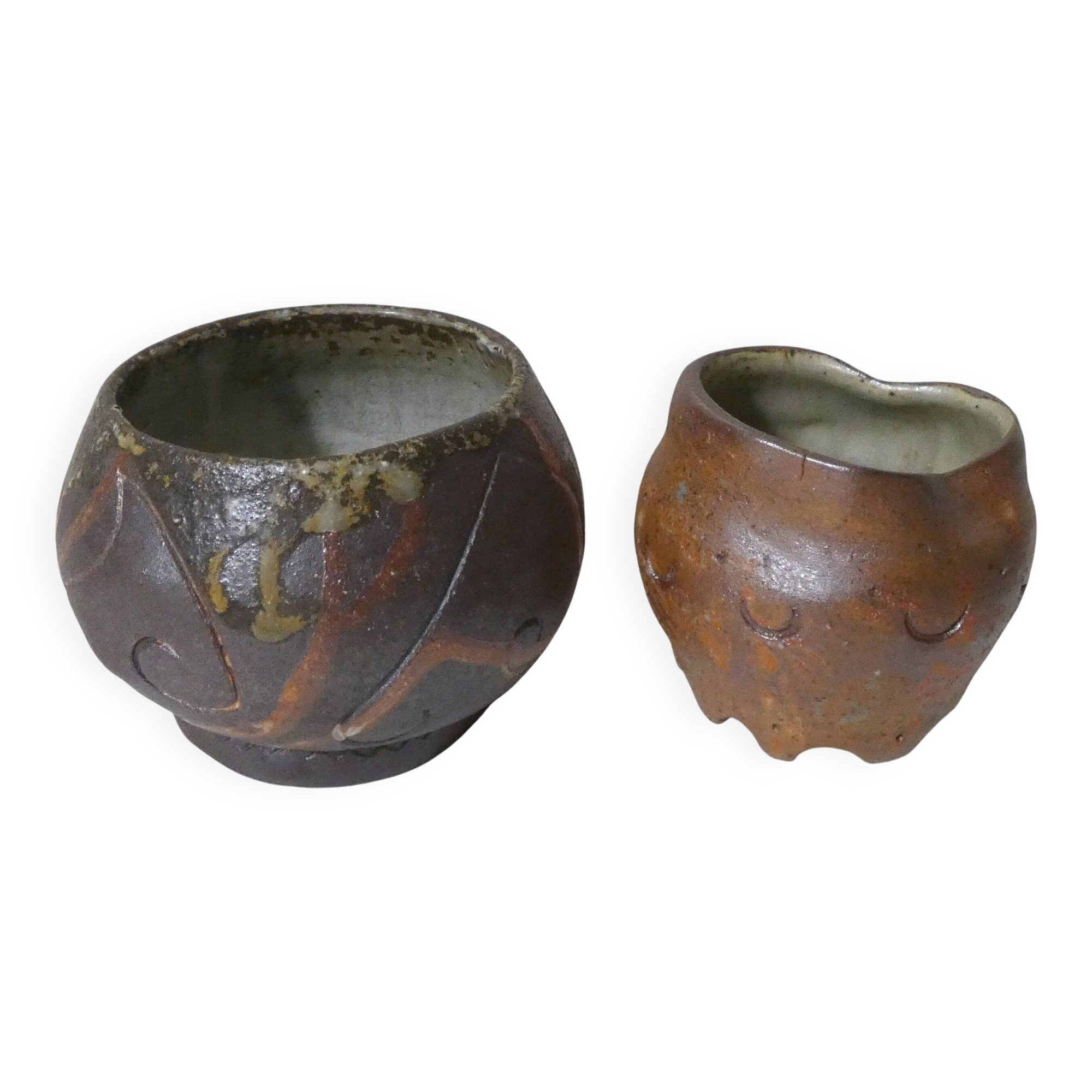 2 asymmetrical brutalist stoneware bowls signed G.Toutous Vintage