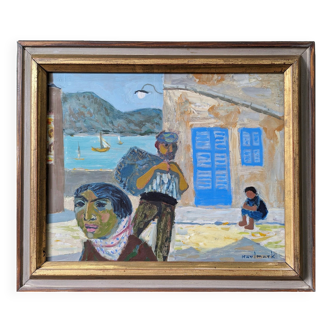 Mid-Century Modern "Townsfolk", Swedish Figurative Street Scene Oil Painting, Framed