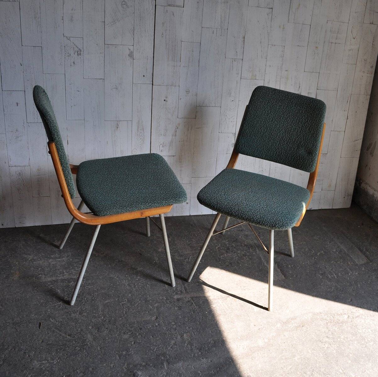 Mid-Century TON chair set in wood and teal fabric - Czechoslovakia 1960s