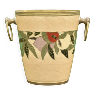 Vintage brass champagne bucket with floral cloisonné enamel decoration
