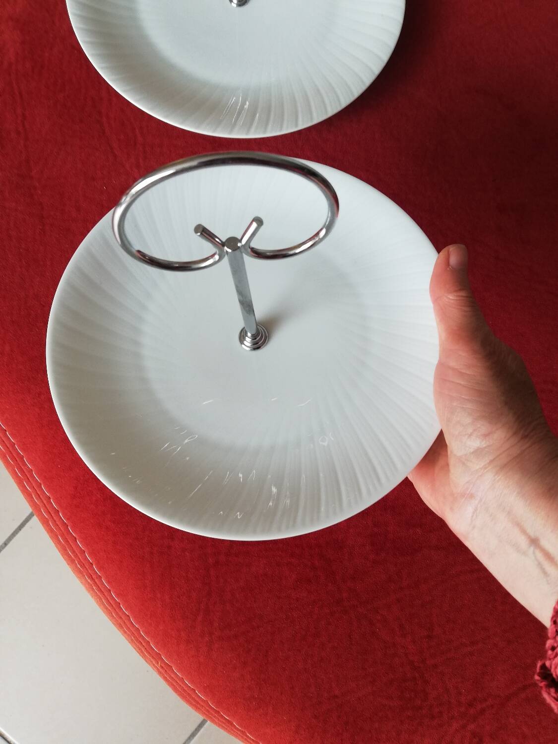 Set of two white porcelain cake stands, former royal factory, Limoges