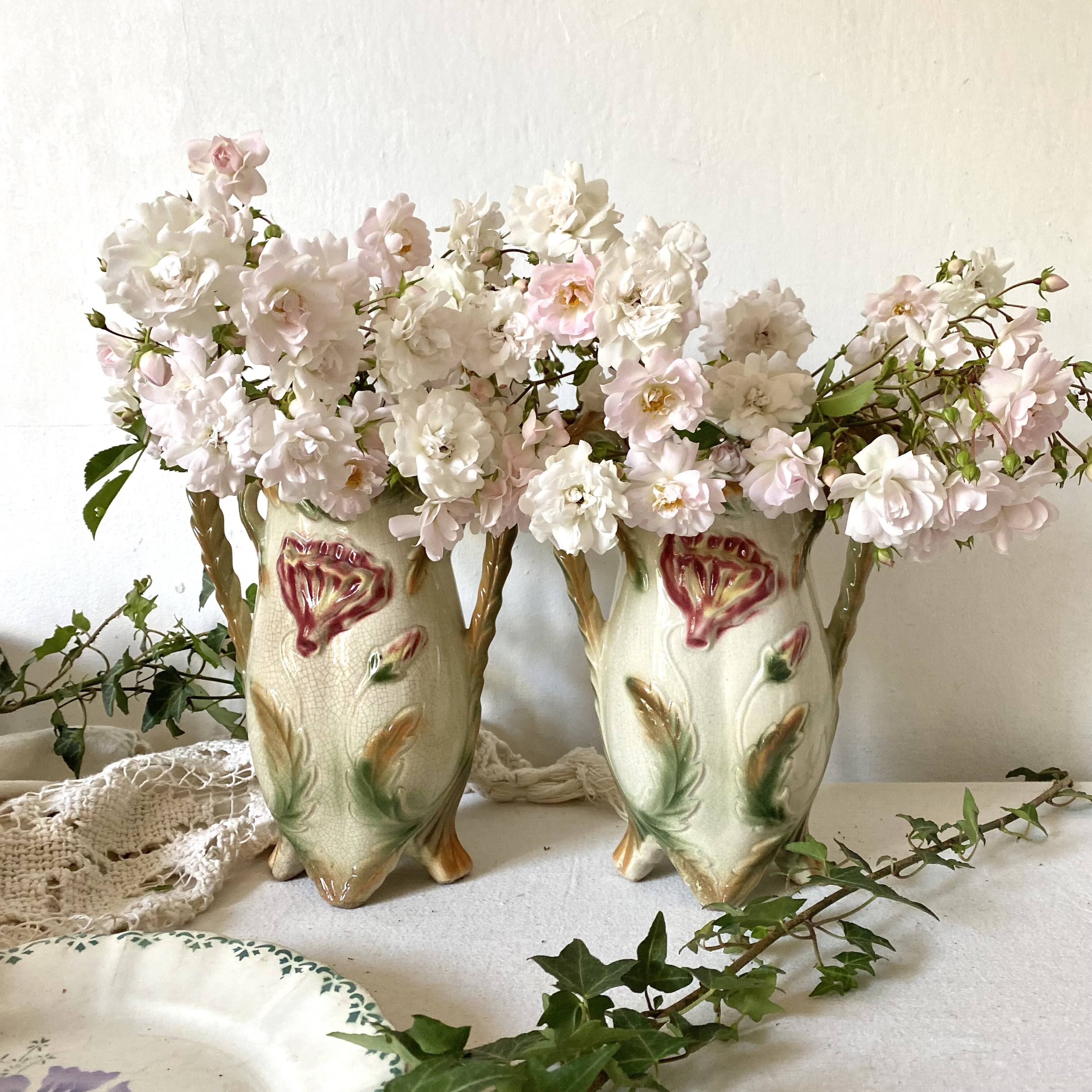 Pair of slipware vases, art nouveau fireplace decoration