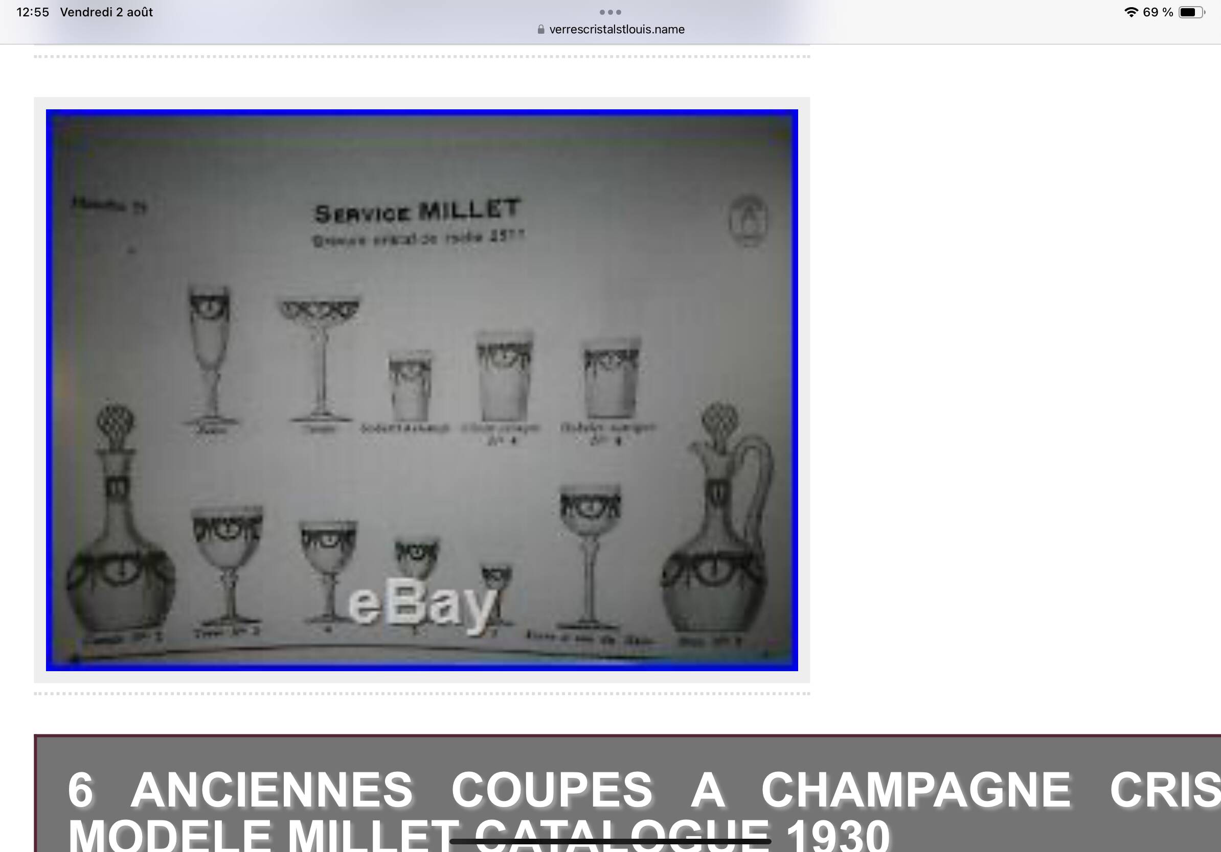 6 verres à eau . cristal saint louis . model millet art deco