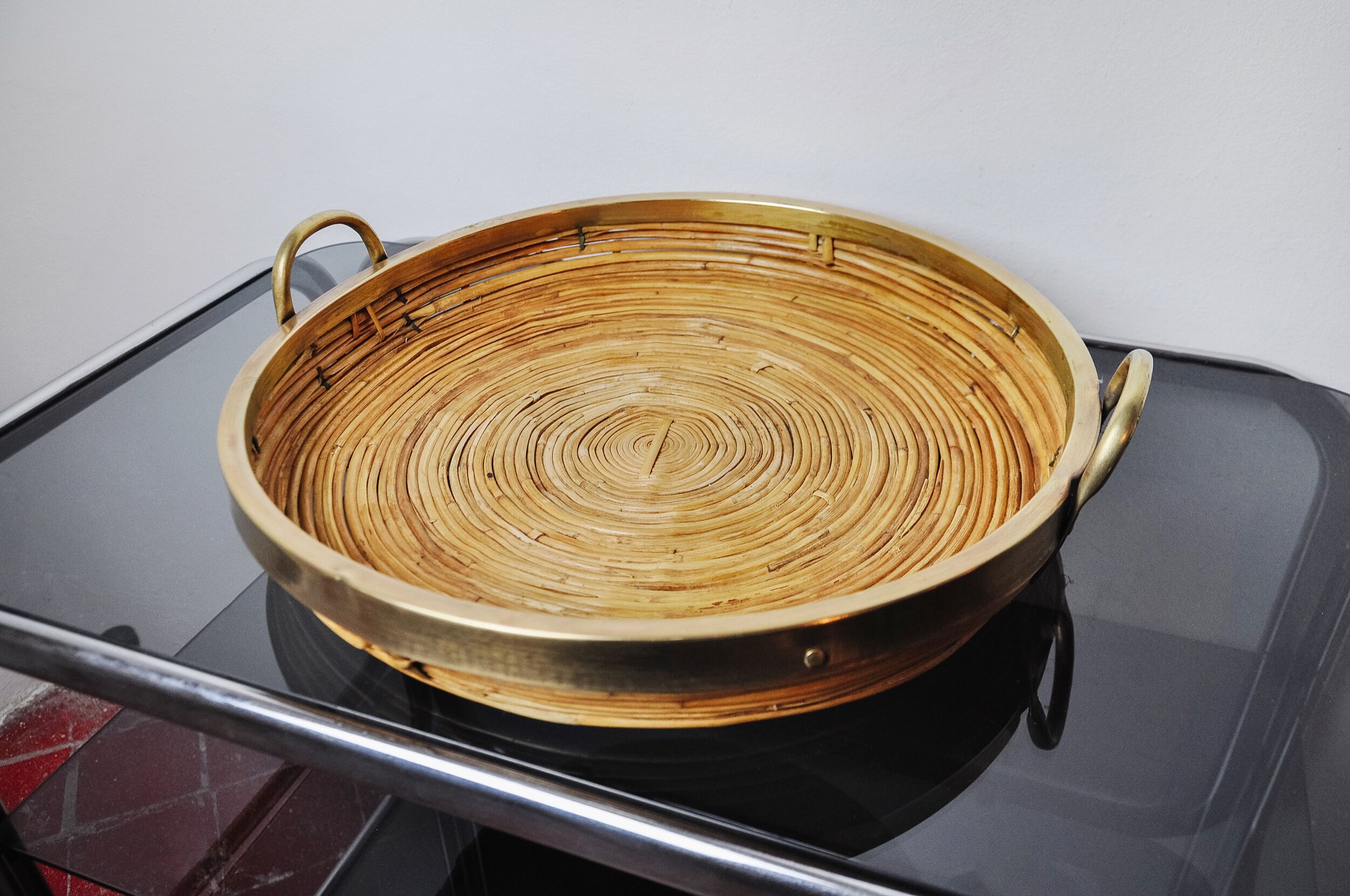 Rattan and brass basket, Italy, 1970