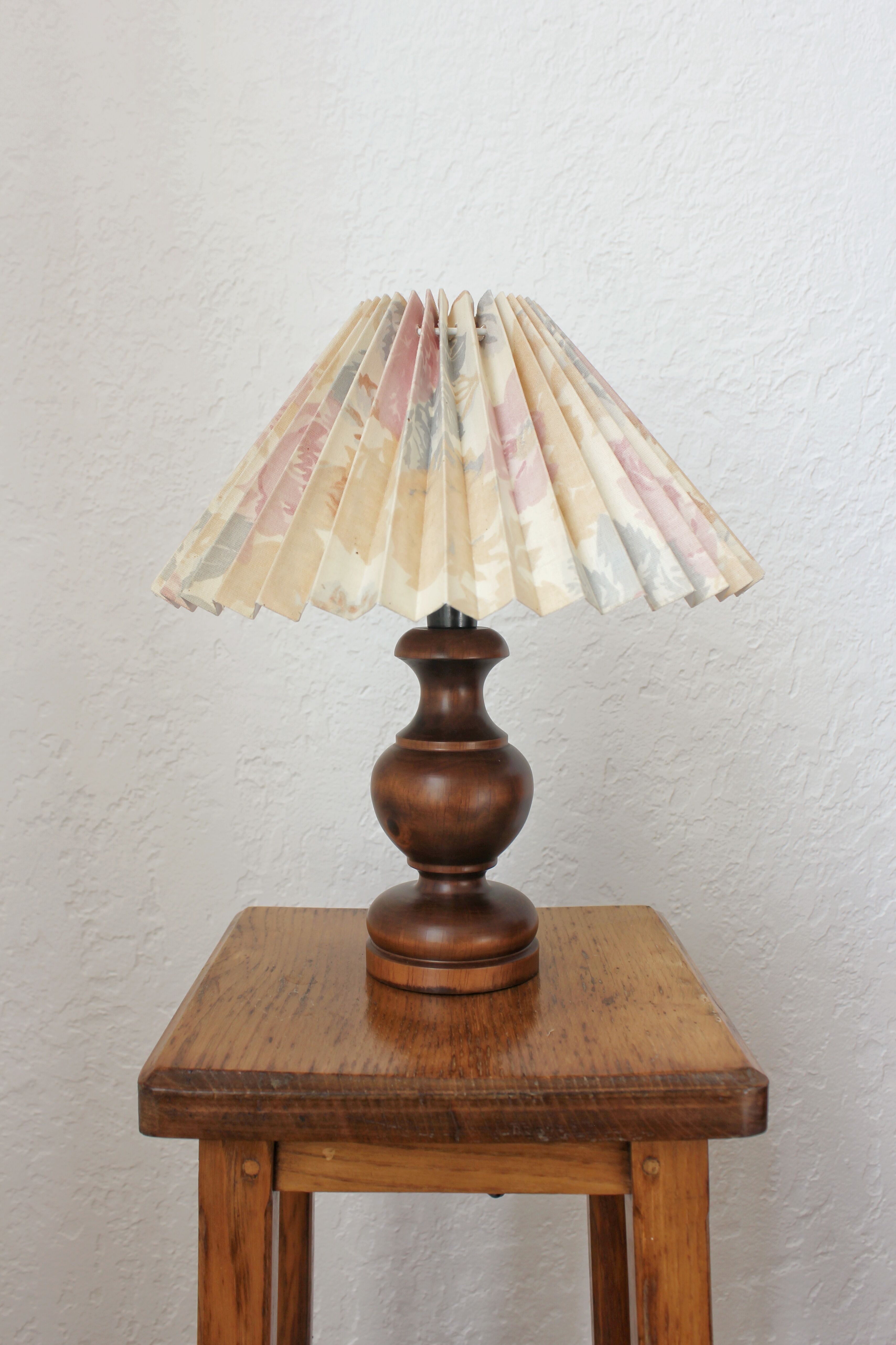 Wooden table lamp with vintage floral pleated lampshade