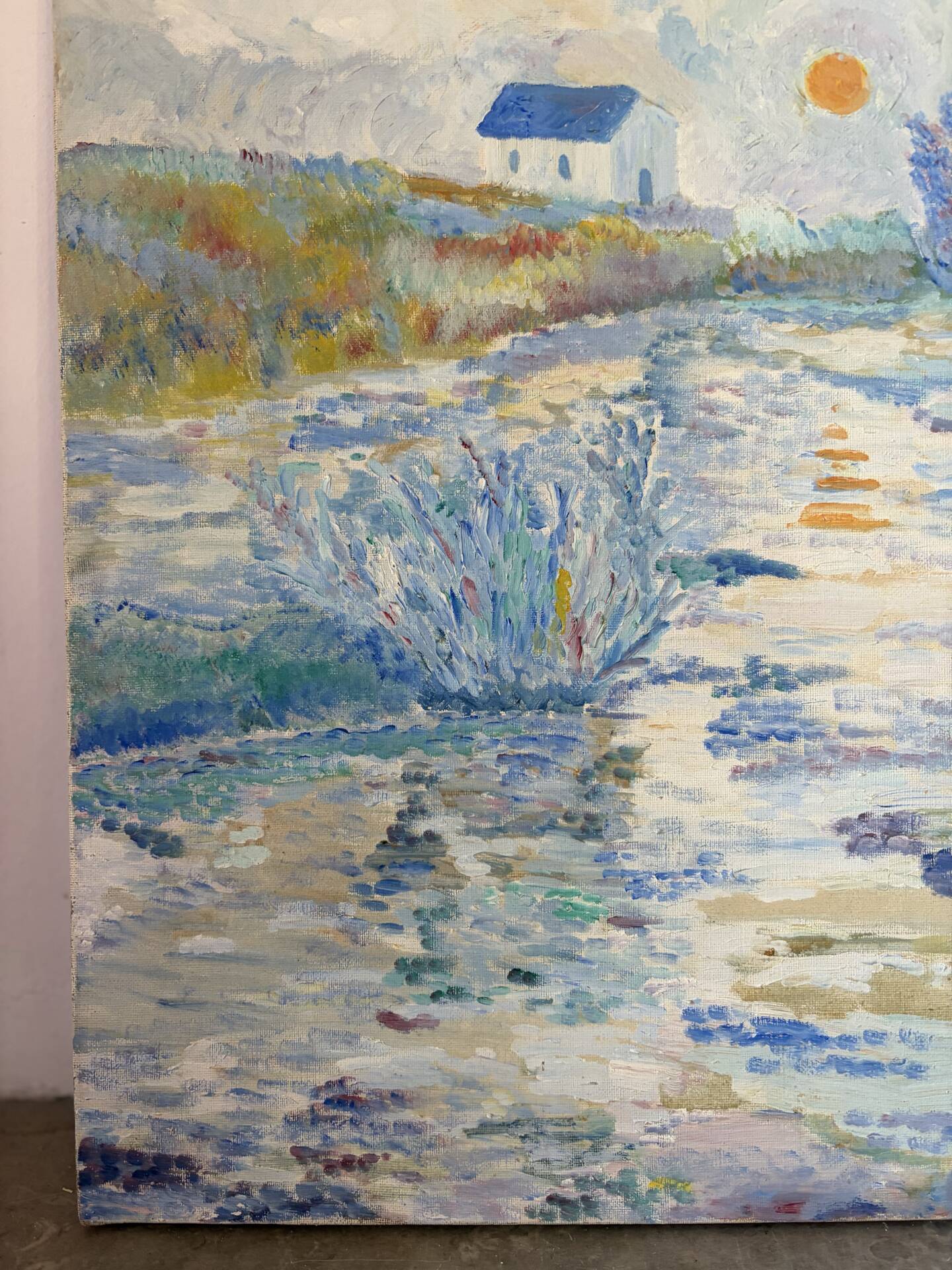 Blue landscape, riverbank, oil on canvas signed 1970