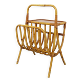 Side table with vintage rattan and wood magazine rack from the 60s