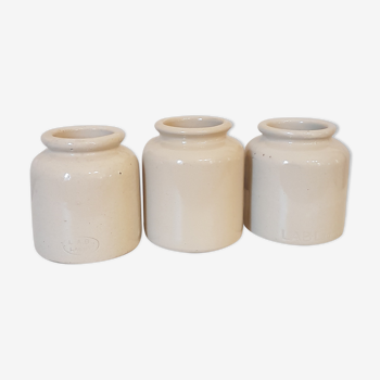 3 enamelled stoneware mustard pots