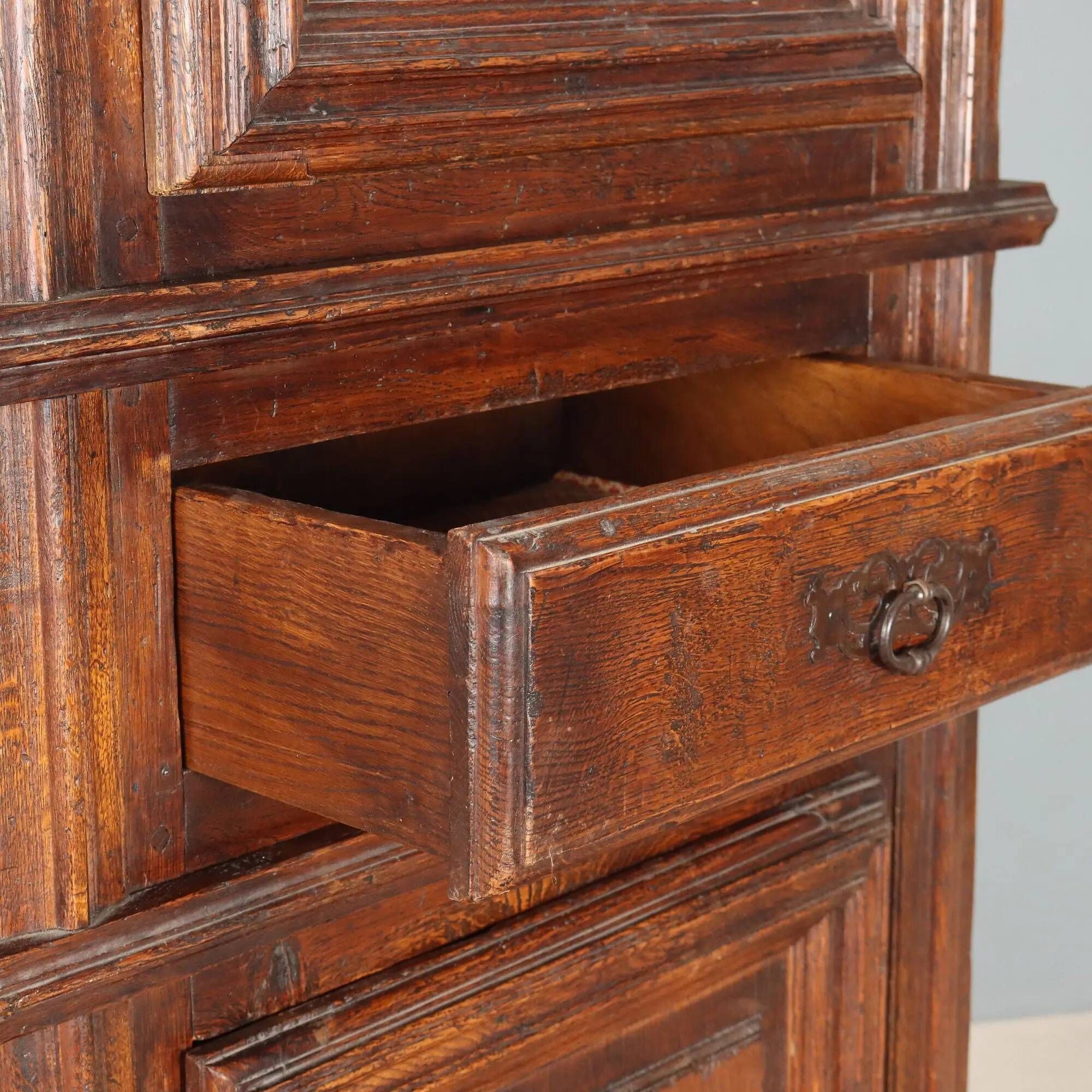 Antique baroque wardrobe in oak with safe, Italy, late 19th century.