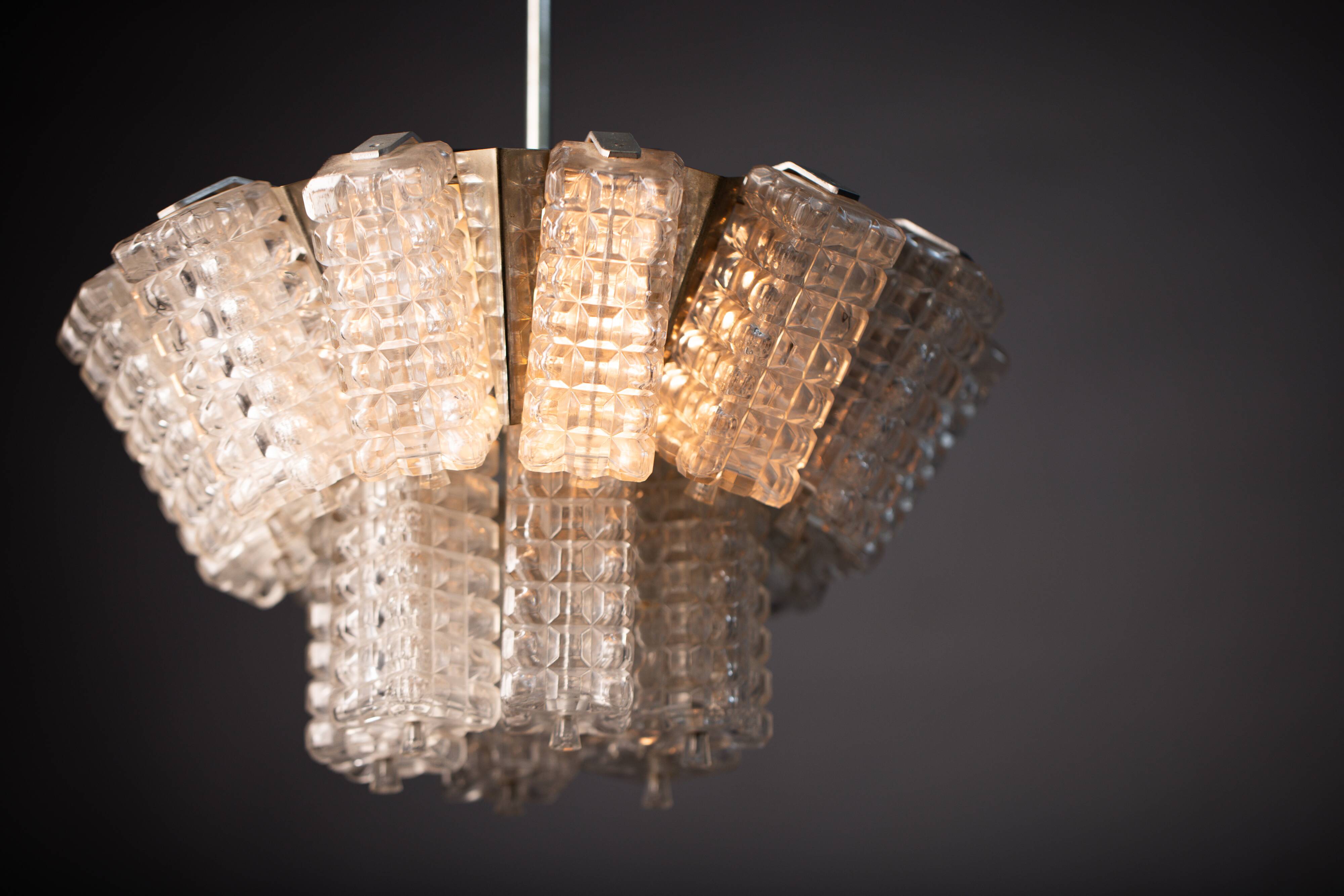Vintage Austrolux Glass Chandelier: 1960s Mid-Century Modern Pendant Light