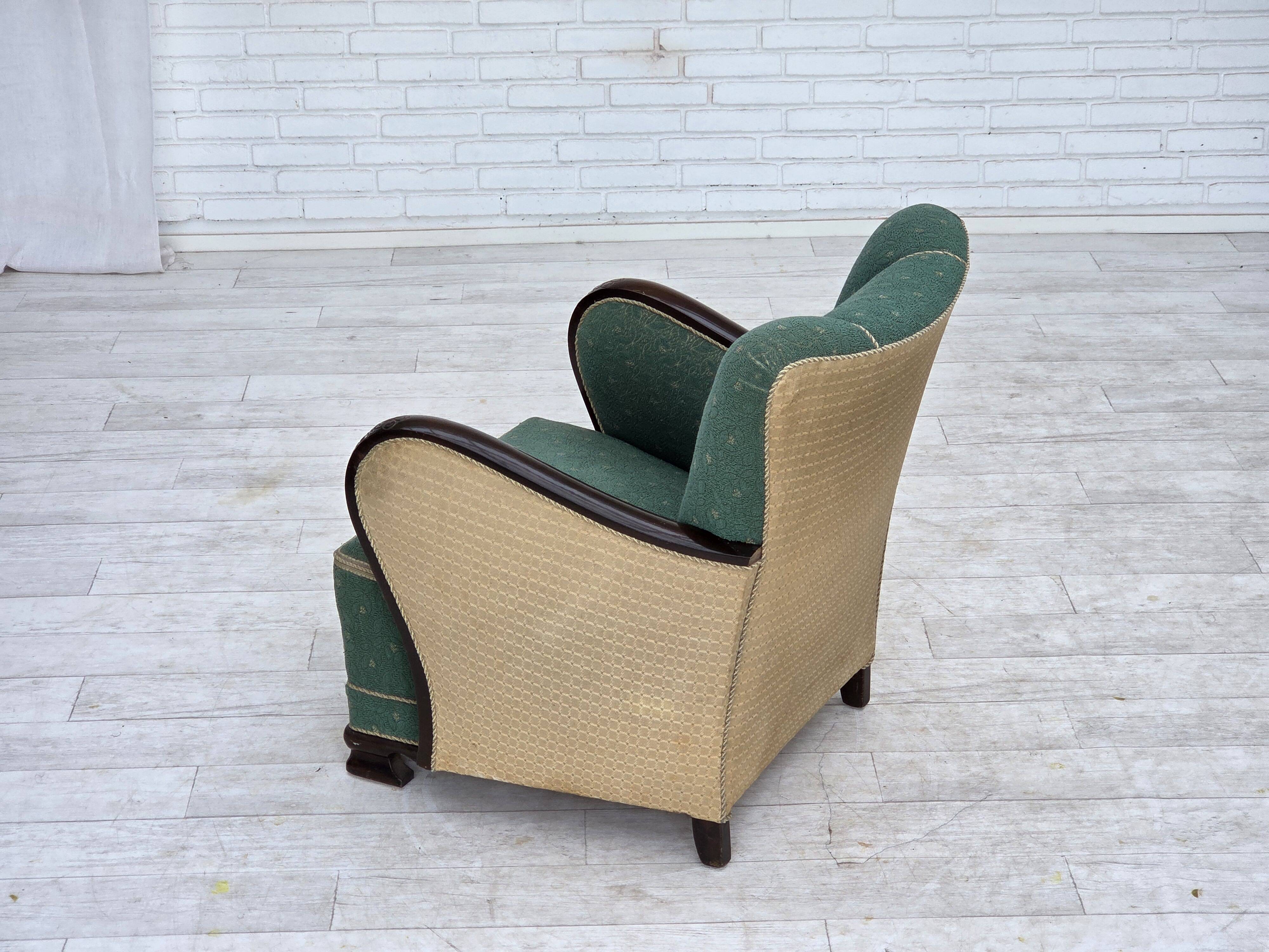 1960s, Danish armchair, green and beige furniture wool.